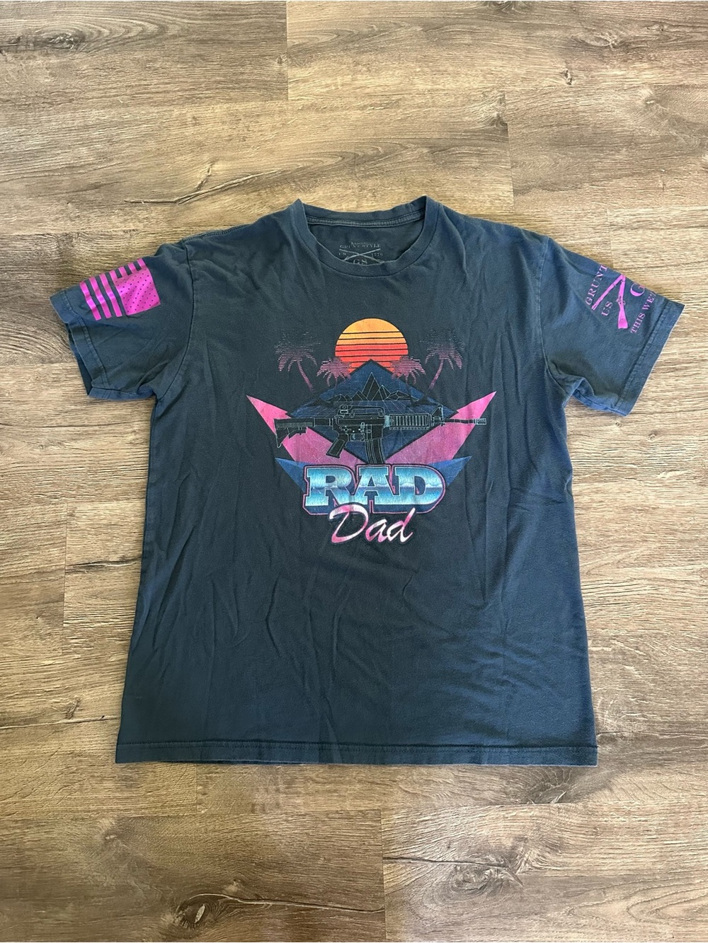 Grunt Style RAD Dad Retro Sunset Graphic Tee - Black with Pink & Teal